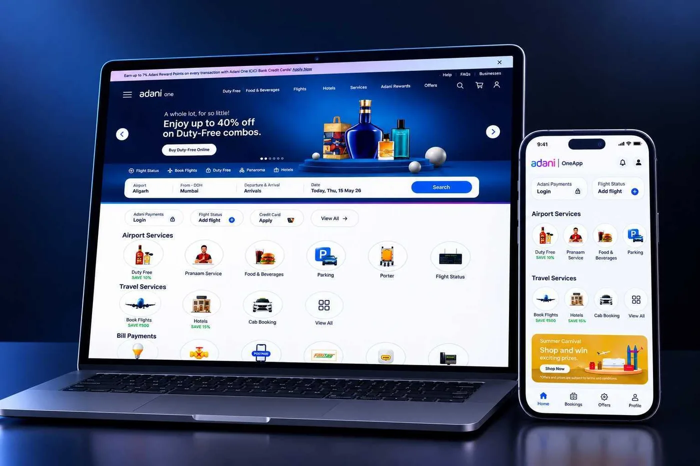 Adani One website on a laptop with duty-free offers, flight search and airport services, next to the Adani OneApp on a phone