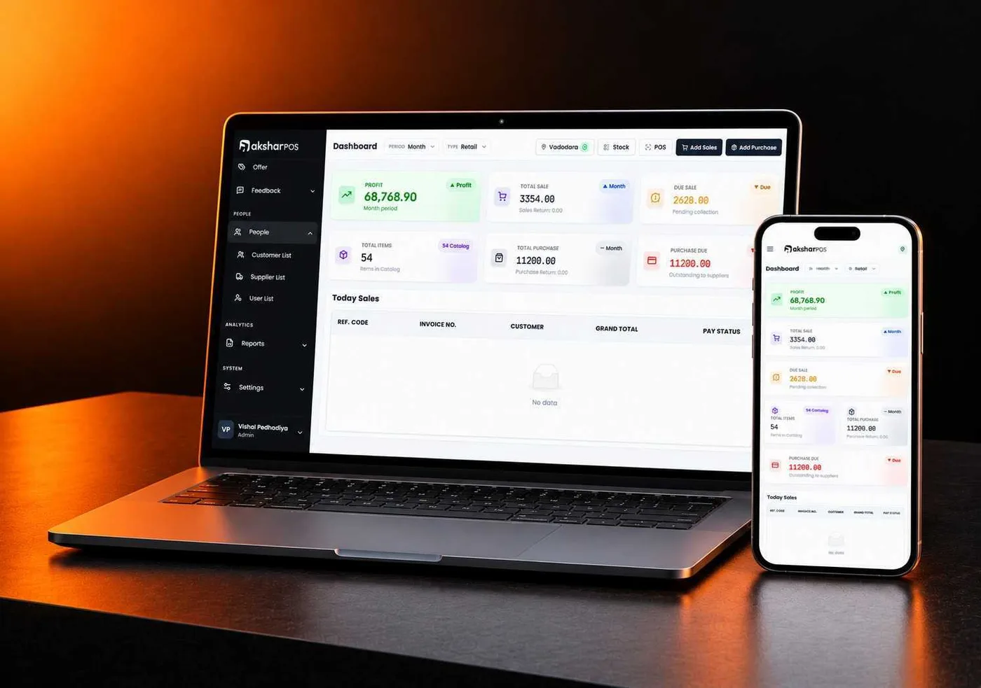 AksharPOS dashboard on a laptop and a phone, showing profit, total sales, purchases and amounts due
